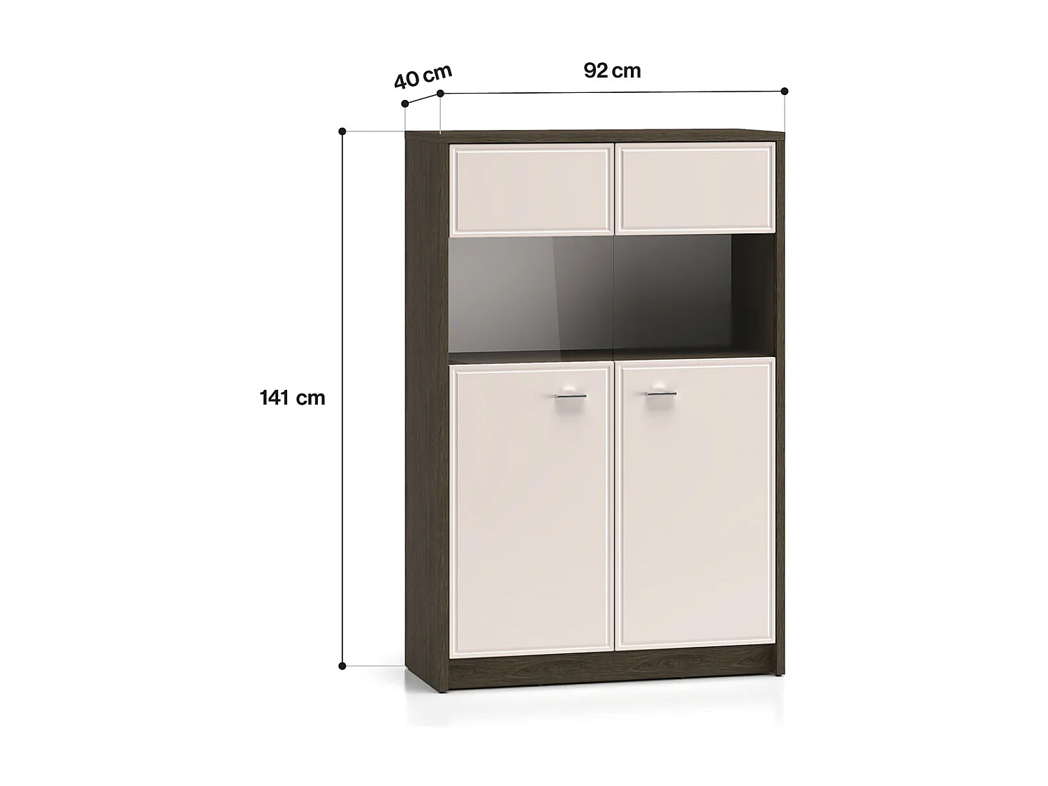 VITRINE Avante Windmill Eiche dunkel / Cashmere Hochglanz 92 / 40 / 141cm mit Beleuchtung