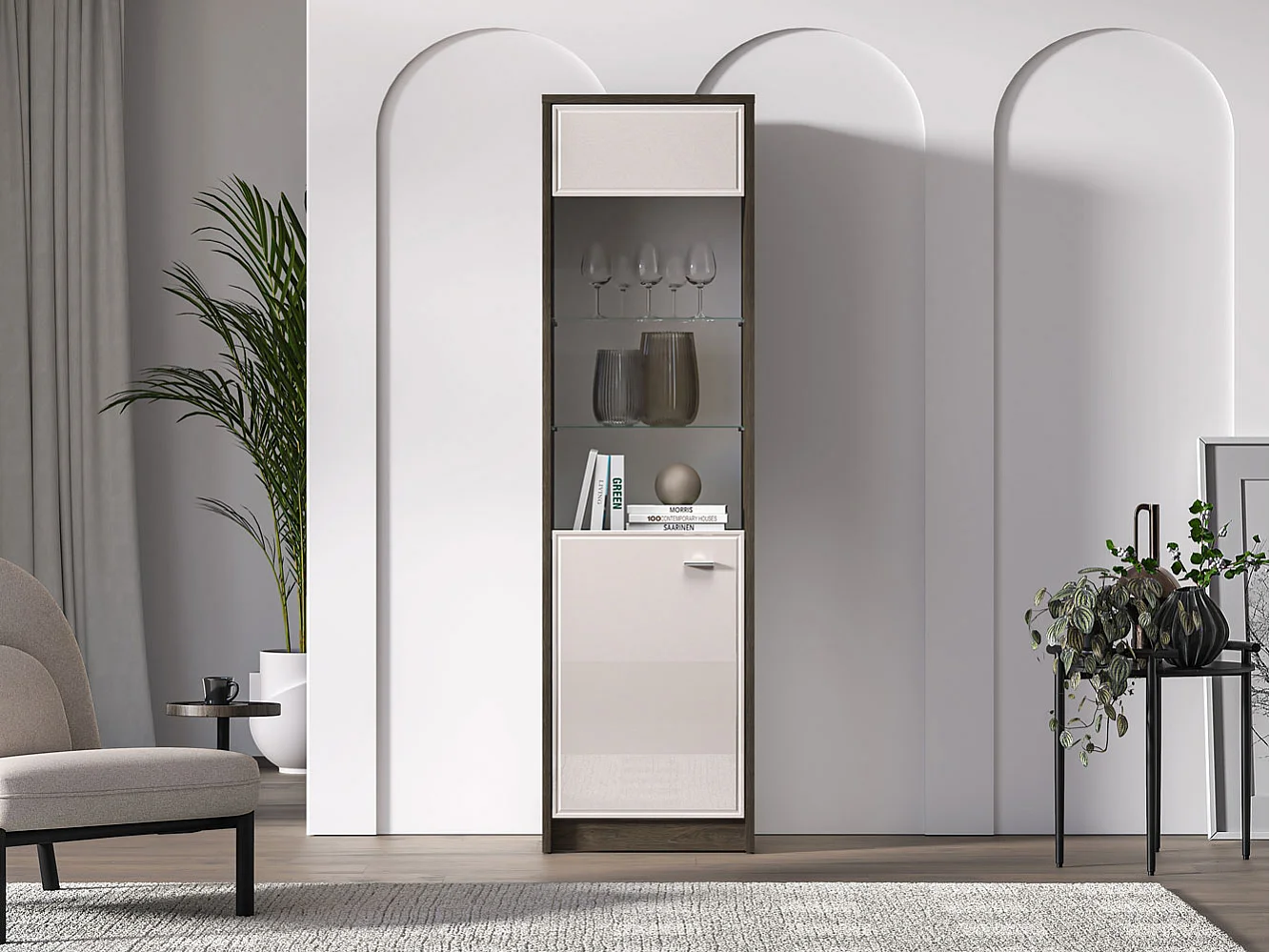 VITRINE Avante Windmill Eiche dunkel / Cashmere Hochglanz 55 / 40 / 195cm