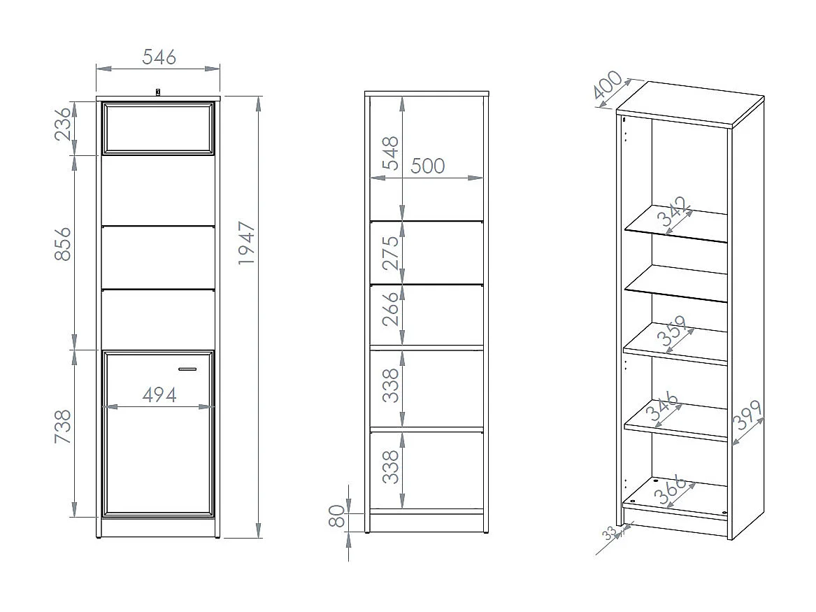 VITRINE Avante Windmill Eiche dunkel / Cashmere Hochglanz 55 / 40 / 195cm