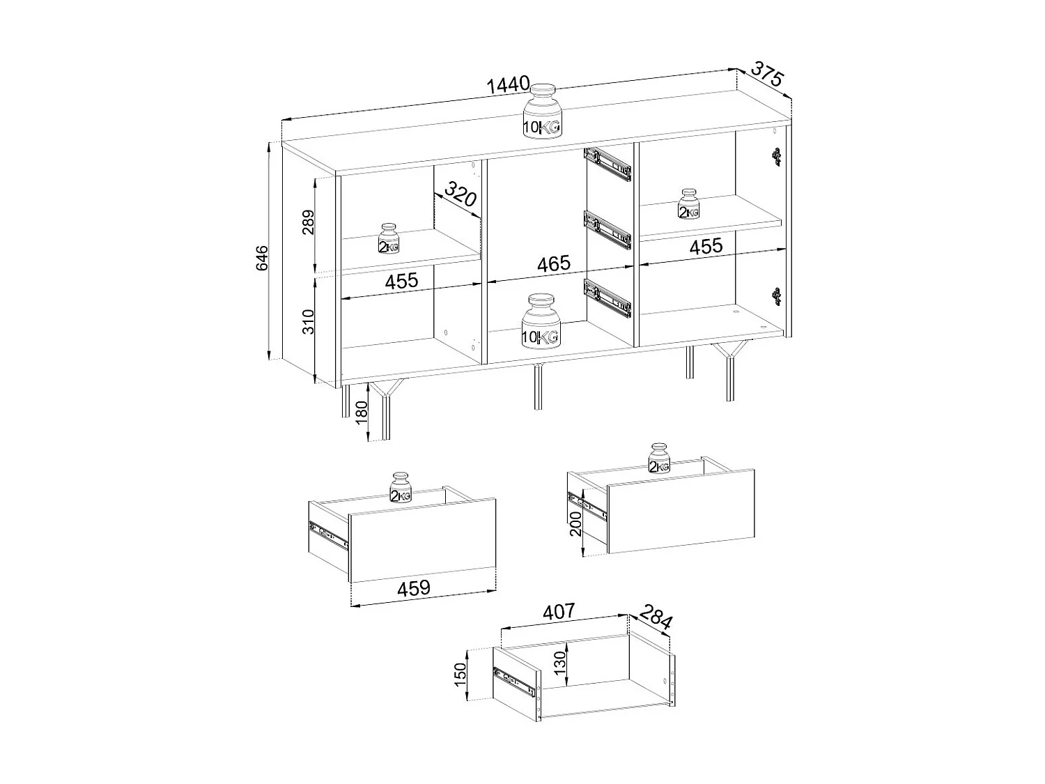 KOMMODE Raven schwarz 144 / 38 / 83cm