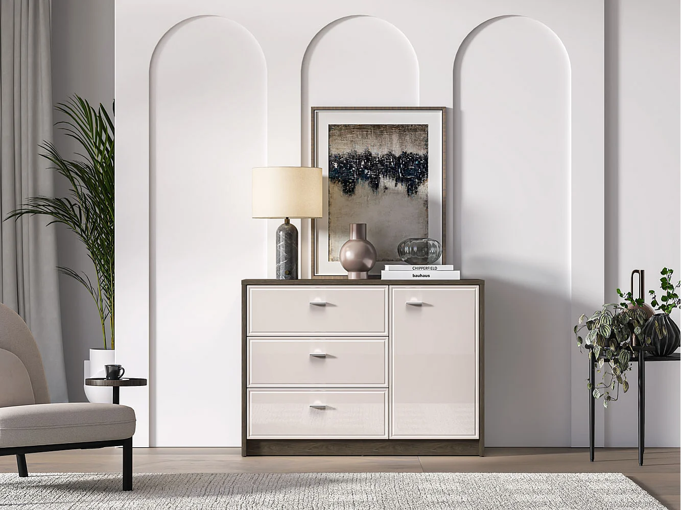 KOMMODE Avante 117 / 40 / 85cm Windmill Eiche dunkel / Cashmere Hochglanz