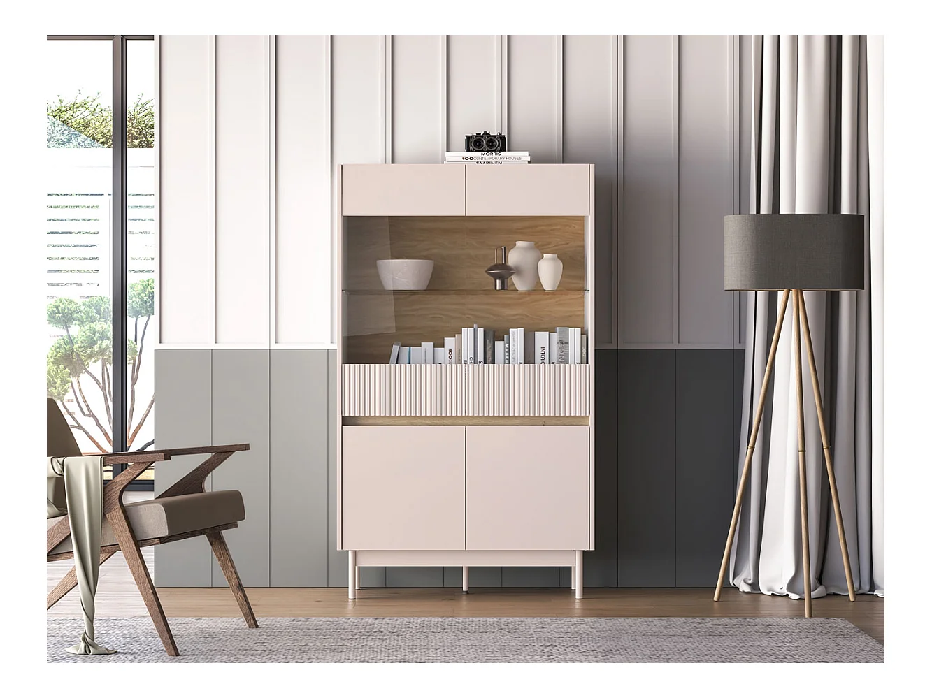 VITRINE Dunea 92 / 40 / 156cm Cashmere / Eiche Cremona Torro ohne Beleuchtung