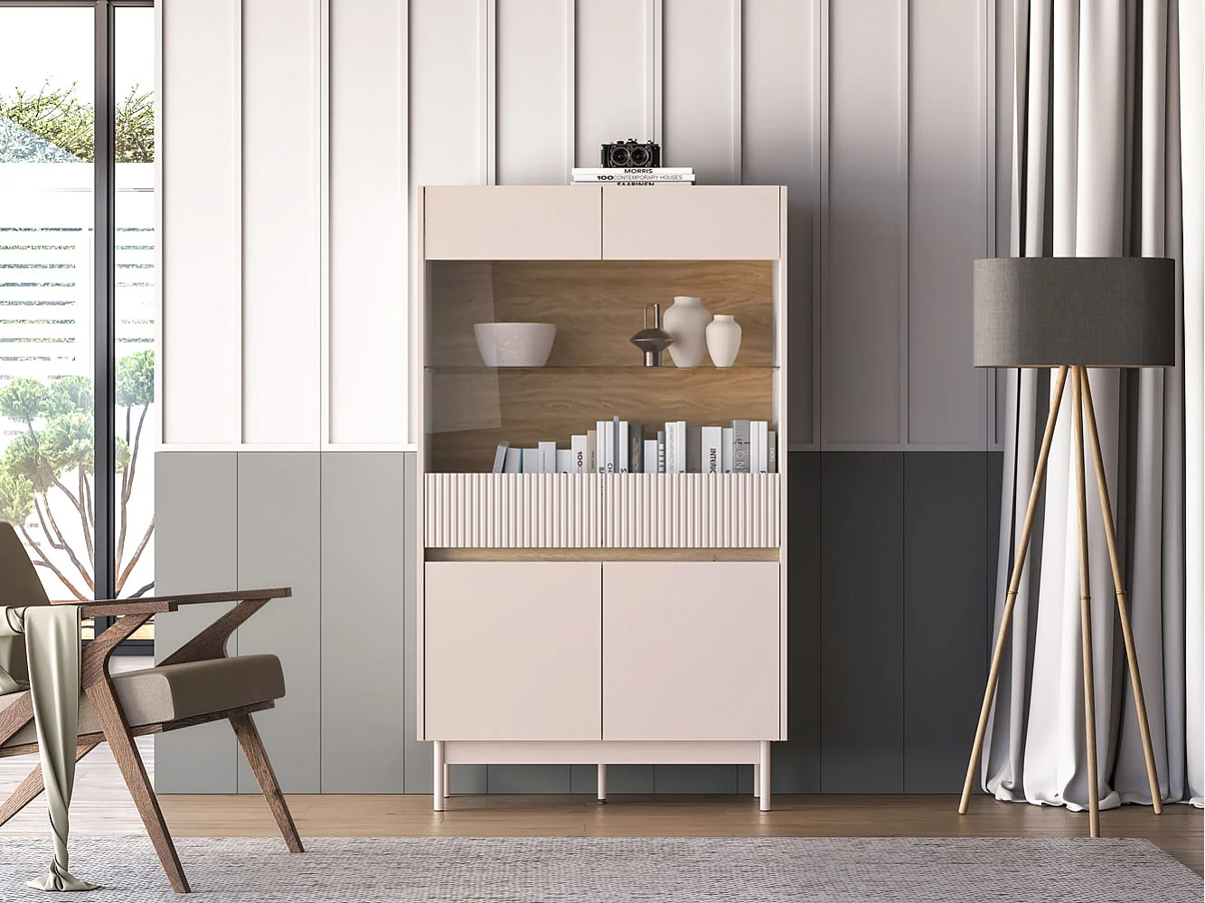 VITRINE Dunea 92 / 40 / 156cm Cashmere / Eiche Cremona Torro ohne Beleuchtung