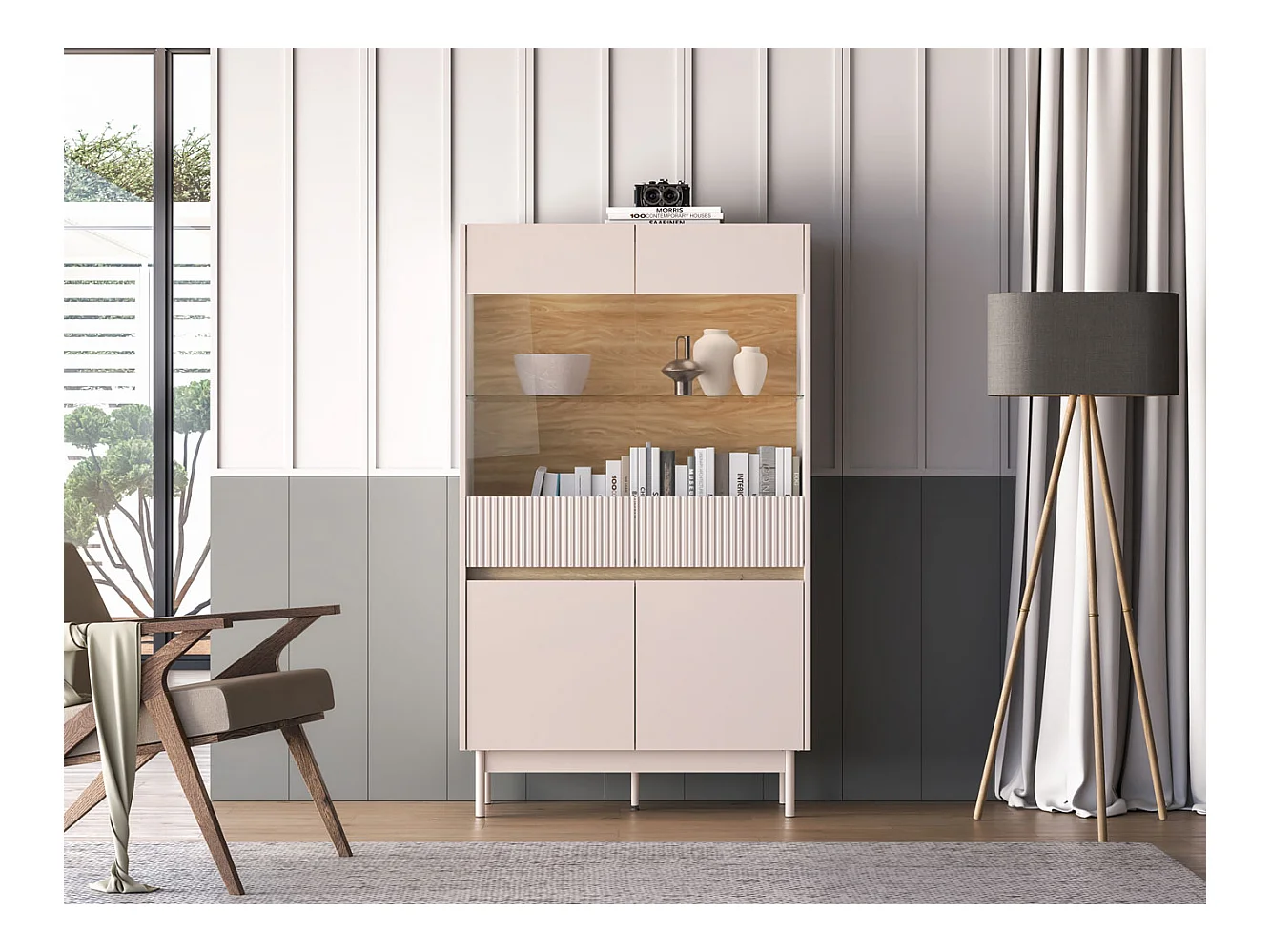 VITRINE Dunea 92 / 40 / 156cm Cashmere / Eiche Cremona Torro mit Beleuchtung