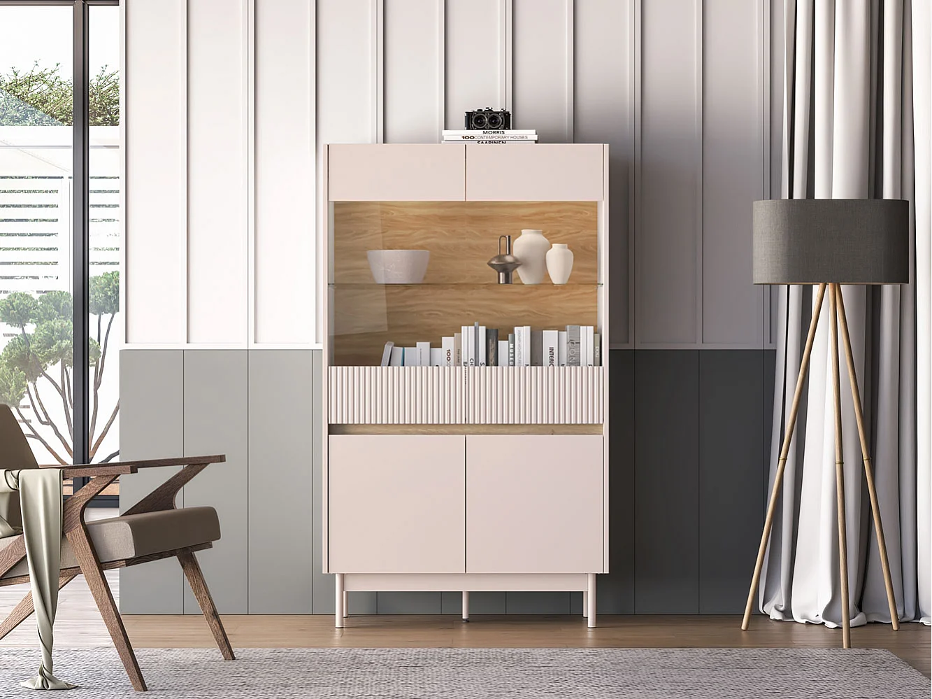 VITRINE Dunea 92 / 40 / 156cm Cashmere / Eiche Cremona Torro mit Beleuchtung