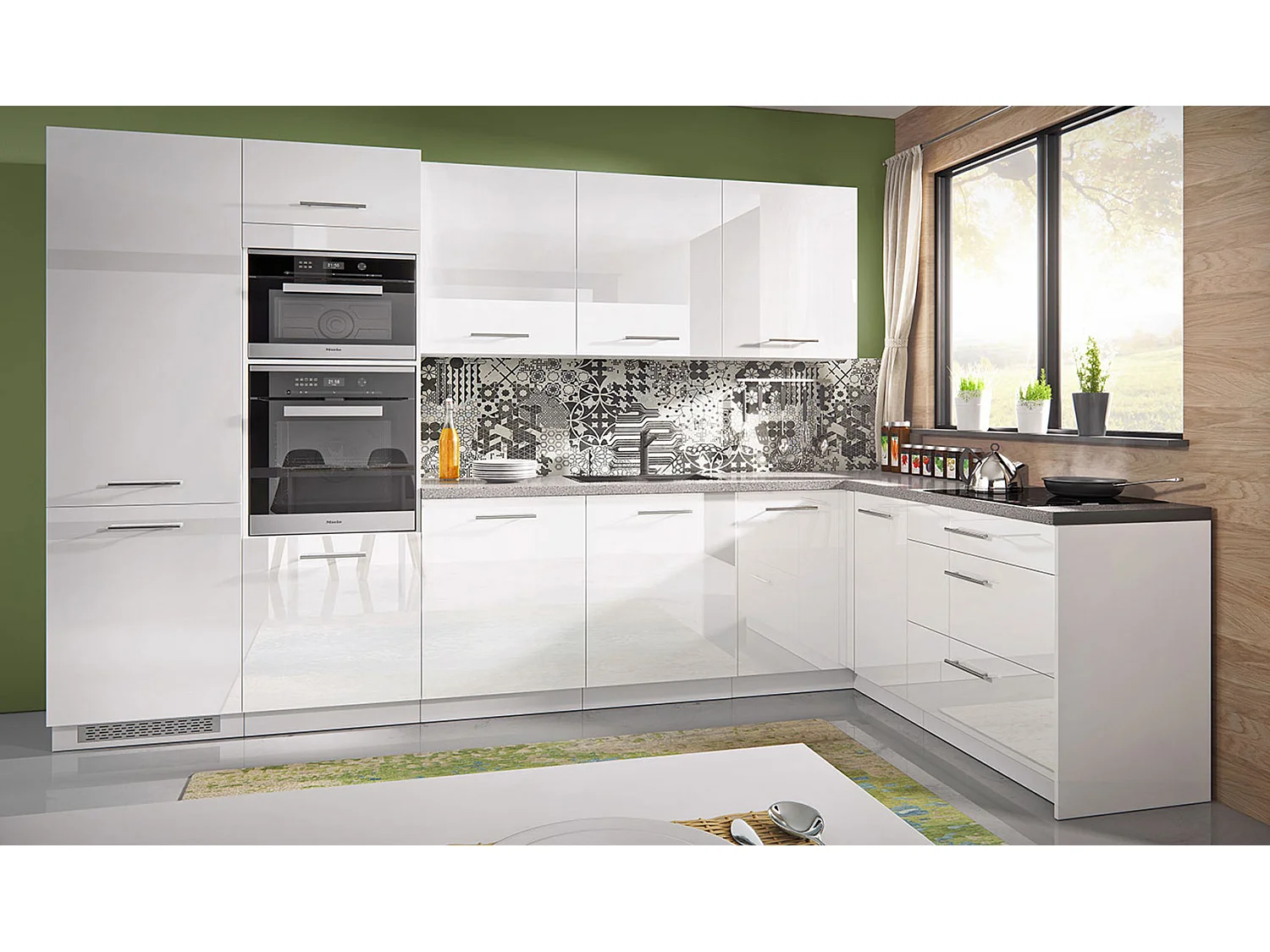 WINKELKÜCHE 10-teilig Essen Trend  perlweiß / weiß 345 / 188 / 207cm