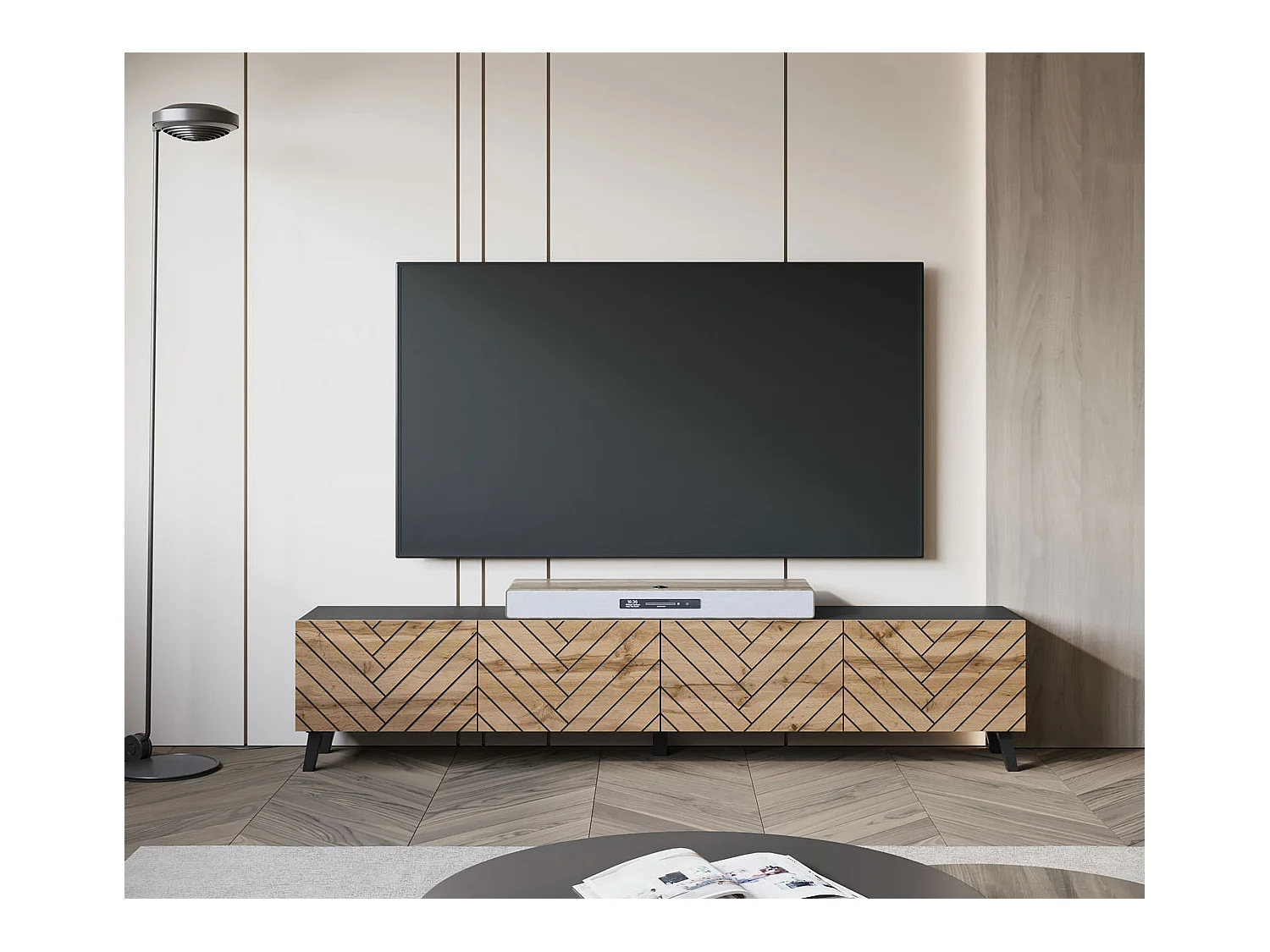 LOWBOARD Phuket Graphit Schwarz / Wotan Eiche Fischgrätenmuster 190 / 32 / 39 cm