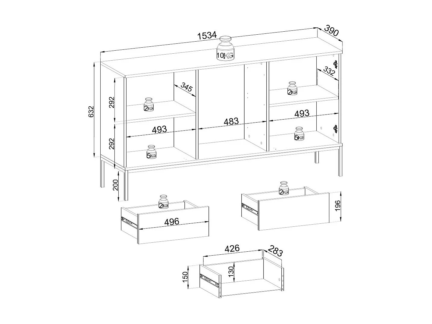 KOMMODE Sento schwarz / Wotan Eiche 154 / 39 / 83cm