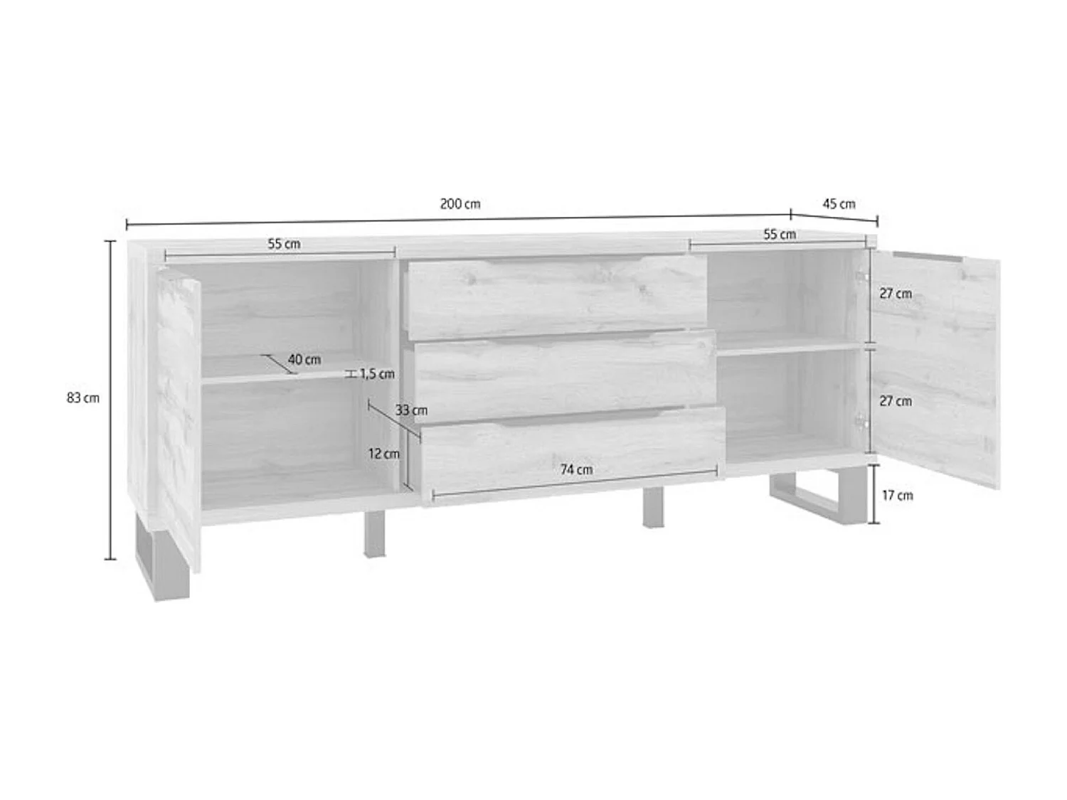 KOMMODE Halle Wotan Eiche 200 / 45 / 80 cm