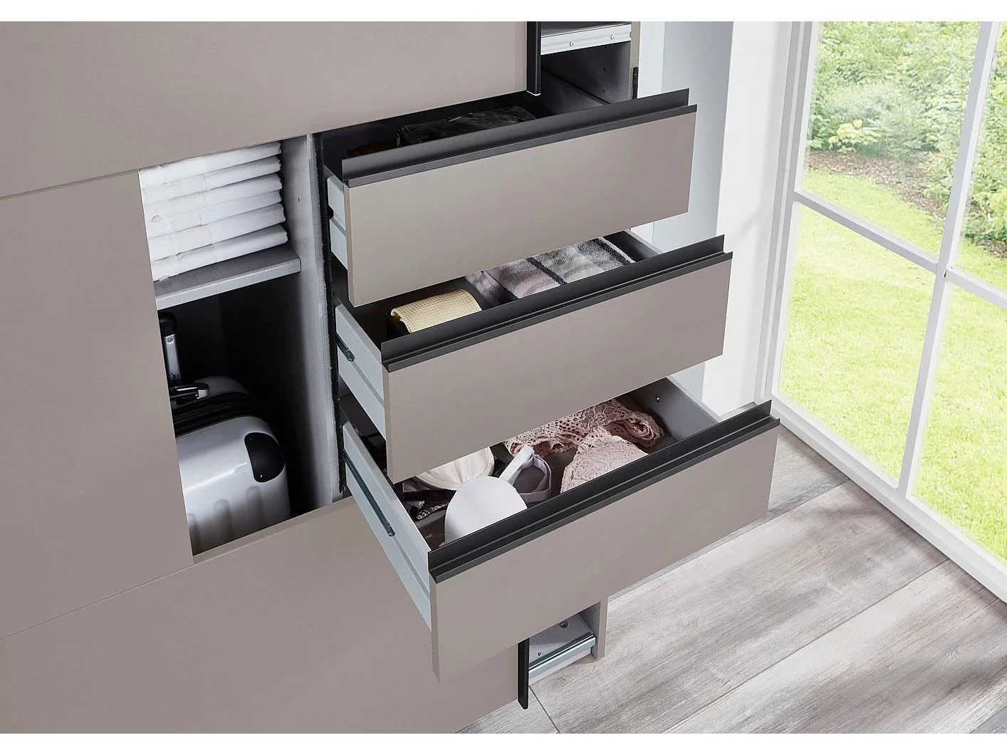 SCHWEBETÜRENSCHRANK Saigon sandgrau Glas 270 / 64 / 208 cm