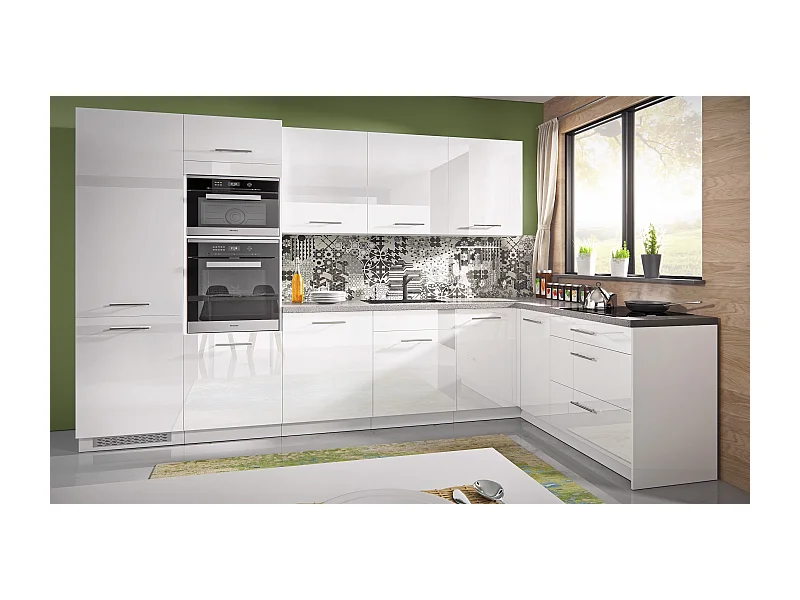 L-FORM KÜCHENZEILE Essen Trend 10-teilig Perlweiß / Weiß Hochglanz 345 / 190 / 207 cm