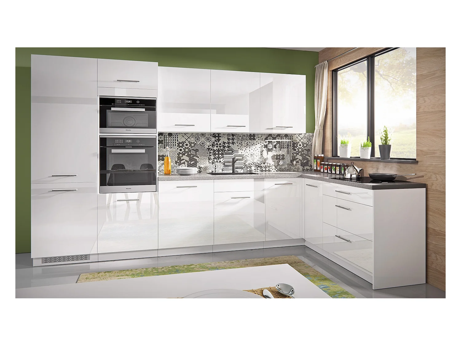 L-FORM KÜCHENZEILE Essen Trend 10-teilig Perlweiß / Weiß Hochglanz 345 / 190 / 207 cm