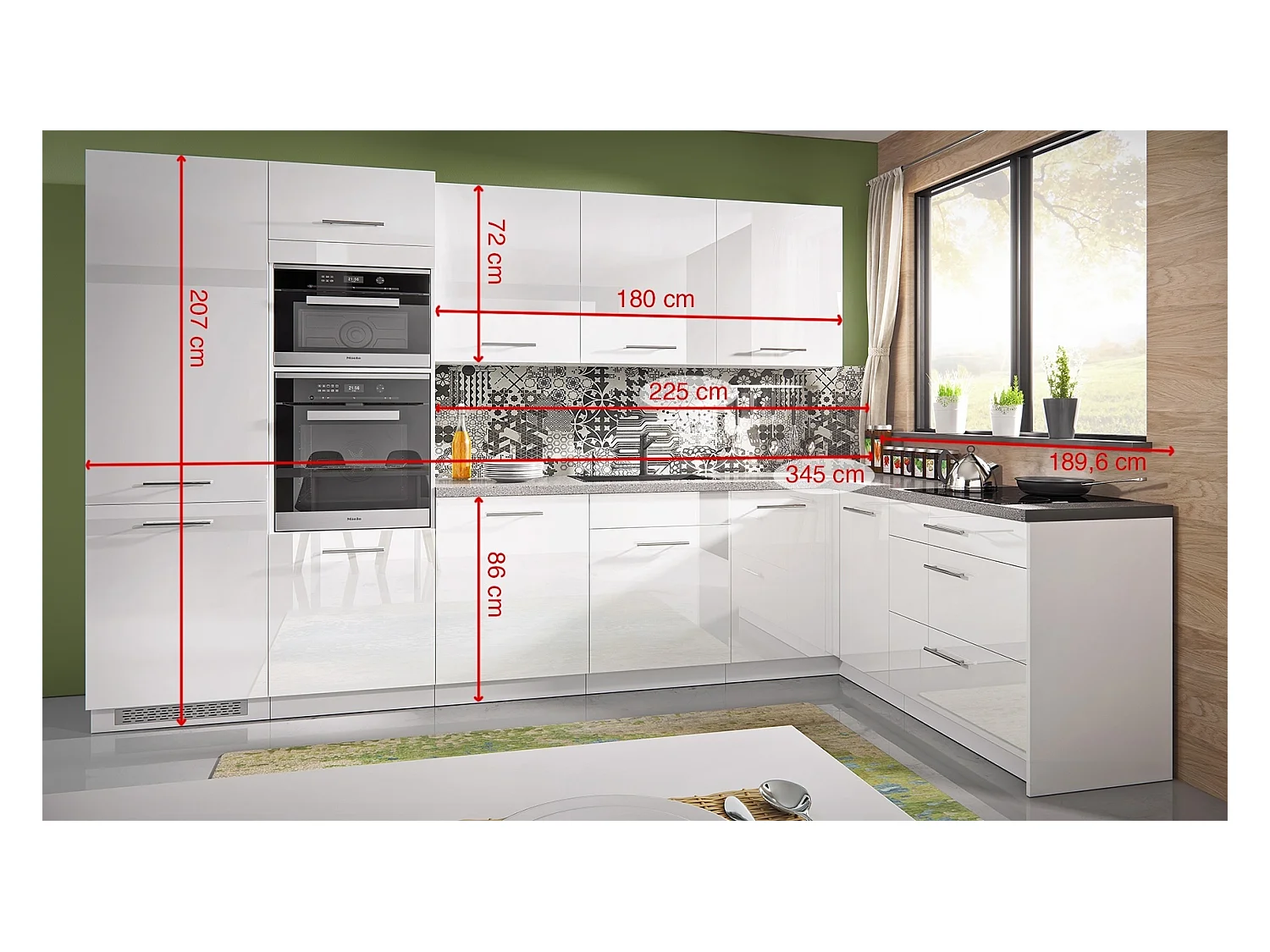 L-FORM KÜCHENZEILE Essen Trend 10-teilig Perlweiß / Weiß Hochglanz 345 / 190 / 207 cm