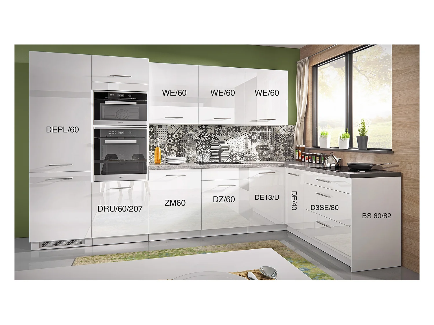 L-FORM KÜCHENZEILE Essen Trend 10-teilig Perlweiß / Weiß Hochglanz 345 / 190 / 207 cm