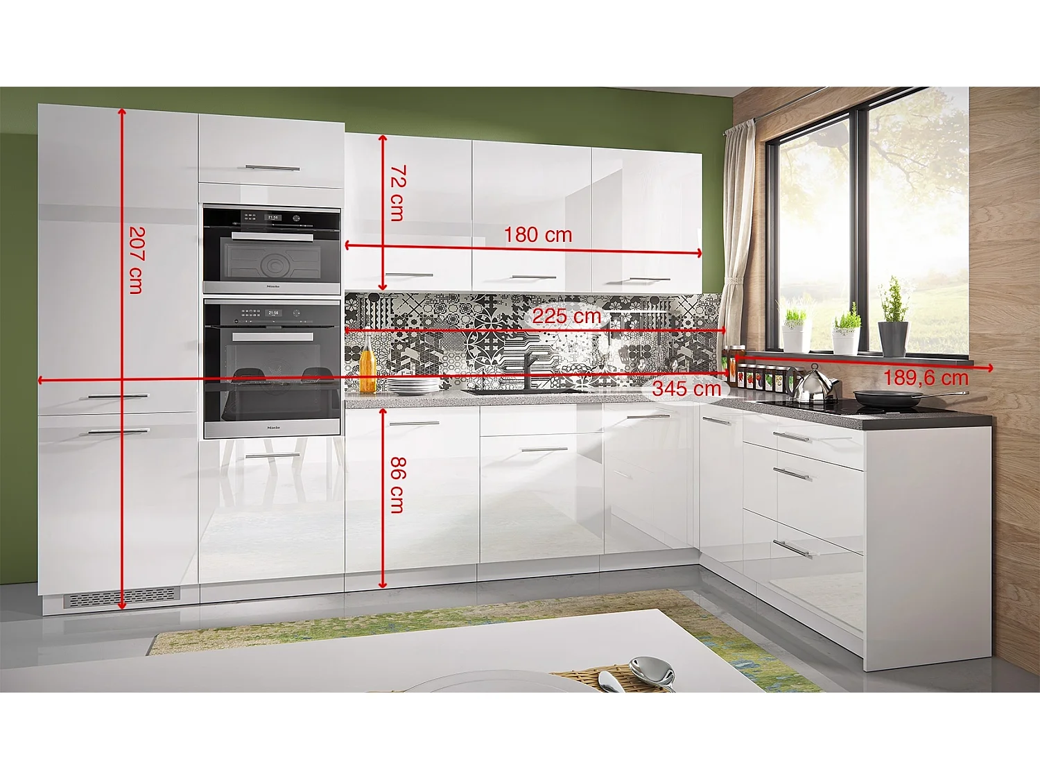 L-FORM KÜCHENZEILE Essen Trend 10-teilig Perlweiß / Weiß Hochglanz 345 / 190 / 207 cm