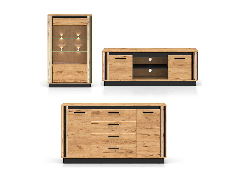 WOHNZIMMER-SET Urso 3-teilig Gold Craft Eiche / Schwarz