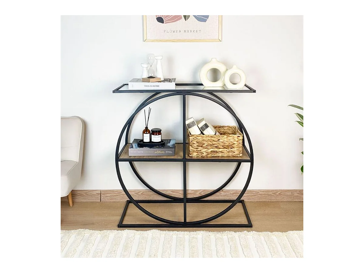 Console plateau en verre fumé et pied circulaire en Métal noir L80 cm - CLOUDY