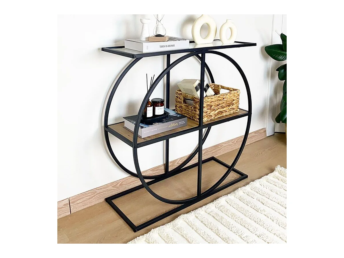 Console plateau en verre fumé et pied circulaire en Métal noir L80 cm - CLOUDY