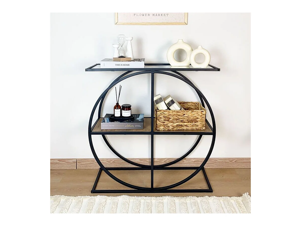 Console plateau en verre fumé et pied circulaire en Métal noir L80 cm - CLOUDY