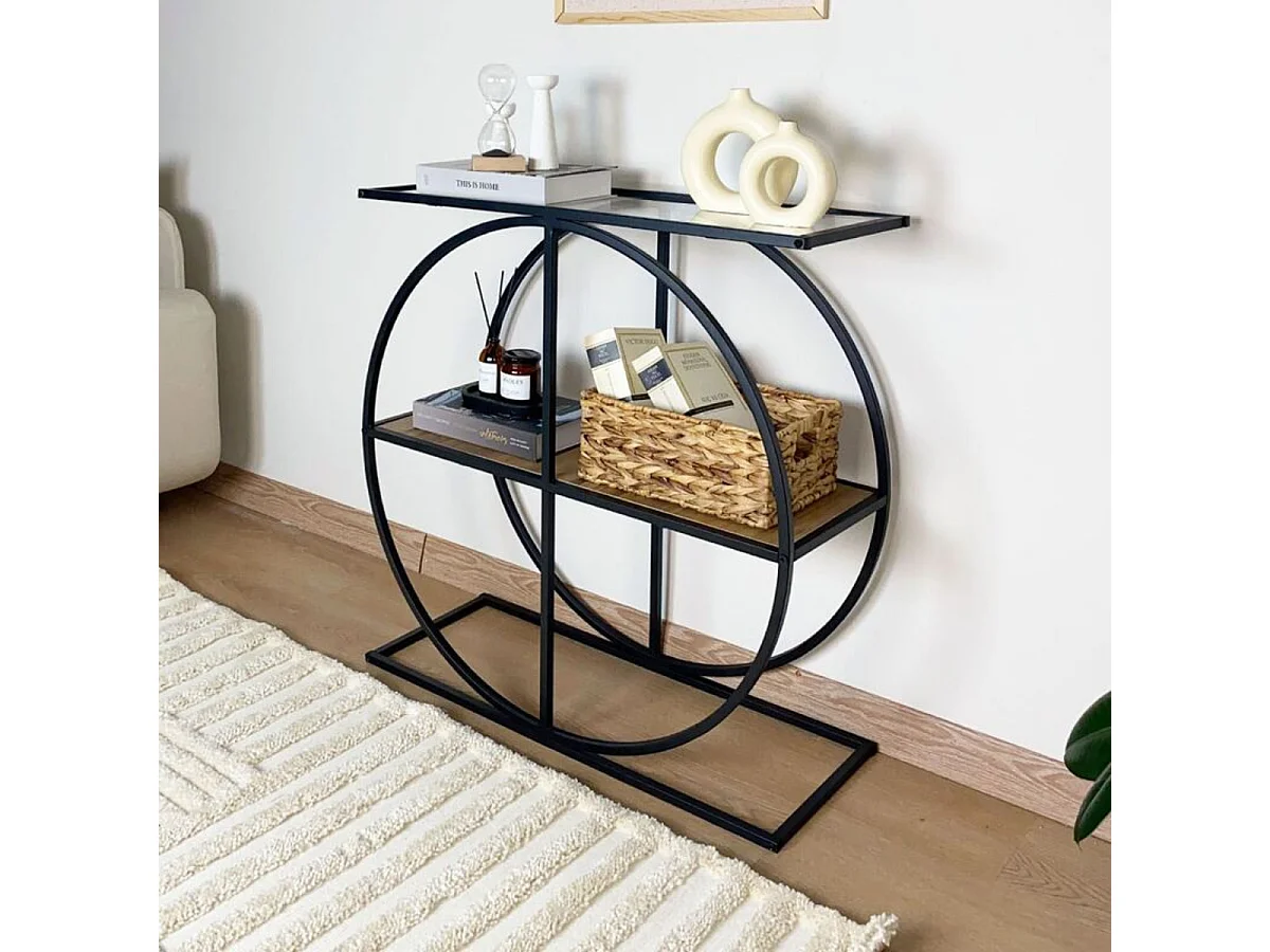 Console plateau en verre fumé et pied circulaire en Métal noir L80 cm - CLOUDY