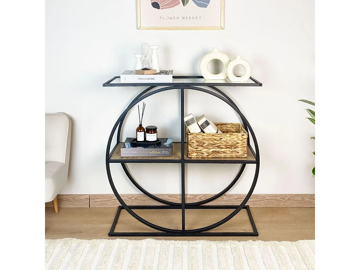 Console plateau en verre fumé et pied circulaire en Métal noir L80 cm - CLOUDY