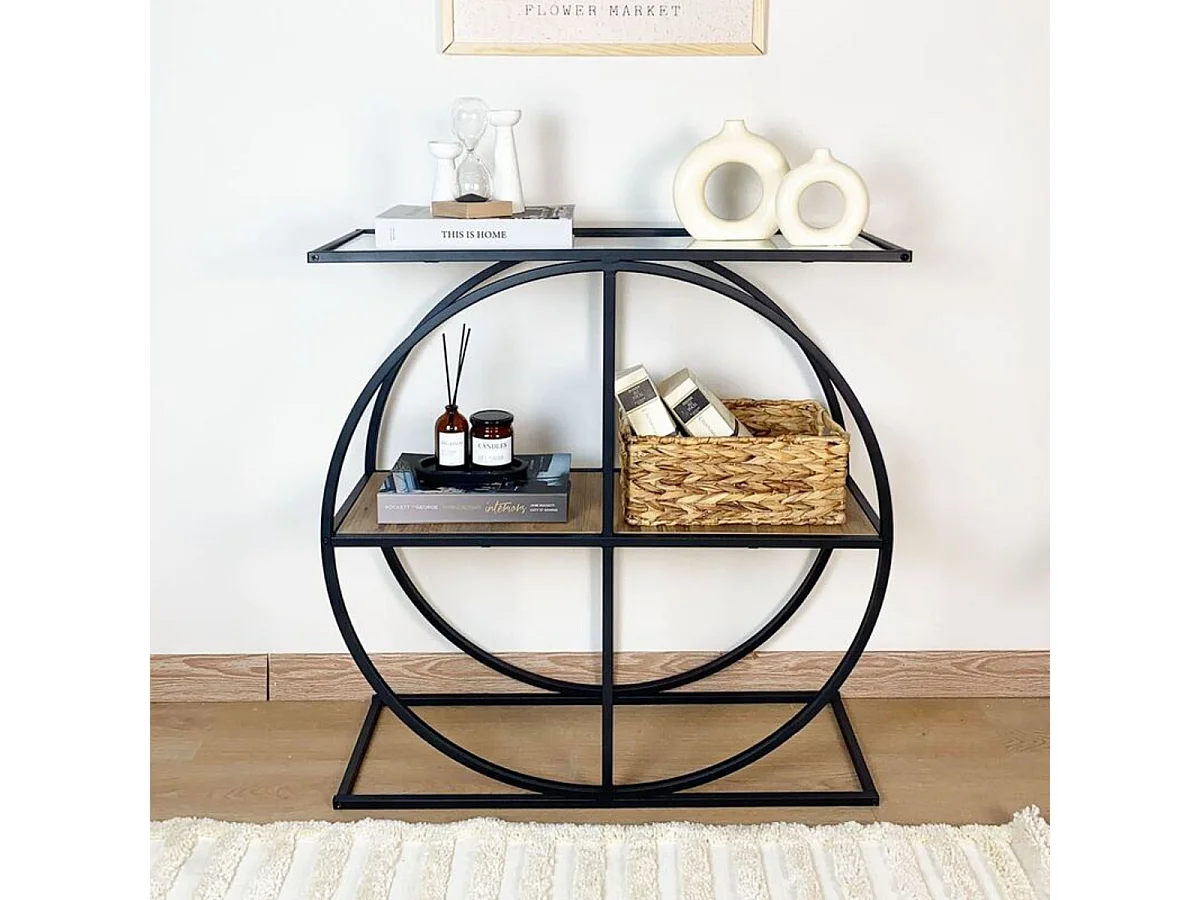 Console plateau en verre fumé et pied circulaire en Métal noir L80 cm - CLOUDY