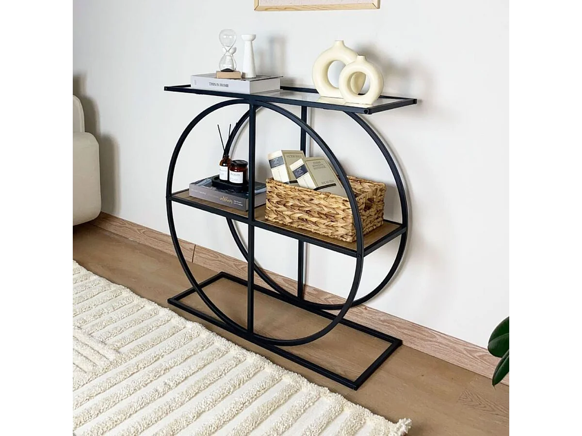 Console plateau en verre fumé et pied circulaire en Métal noir L80 cm - CLOUDY