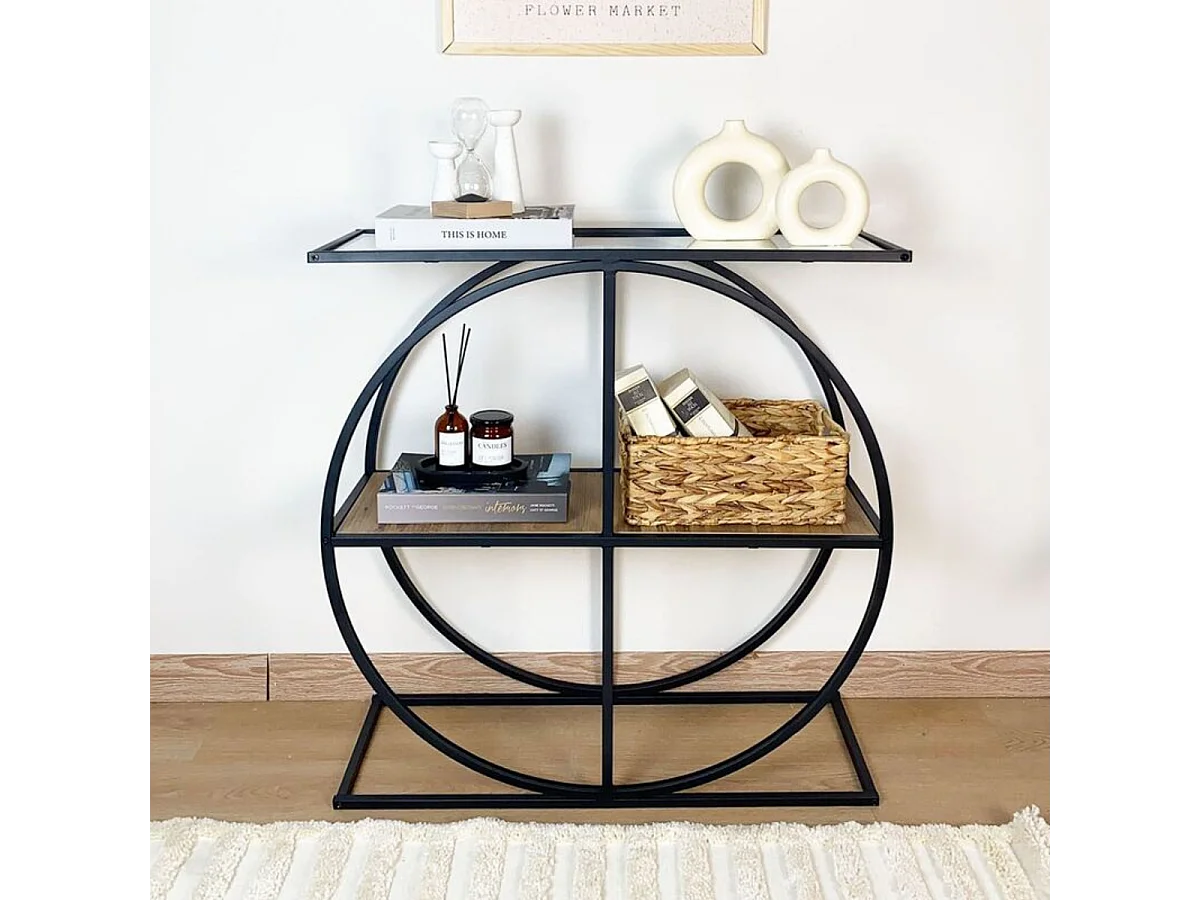 Console plateau en verre fumé et pied circulaire en Métal noir L80 cm - CLOUDY