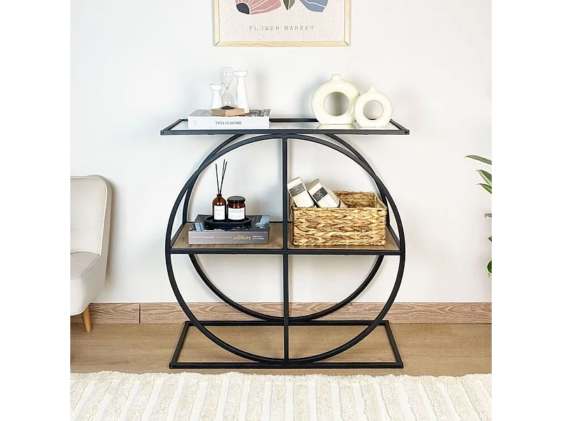 Console plateau en verre fumé et pied circulaire en Métal noir L80 cm - CLOUDY