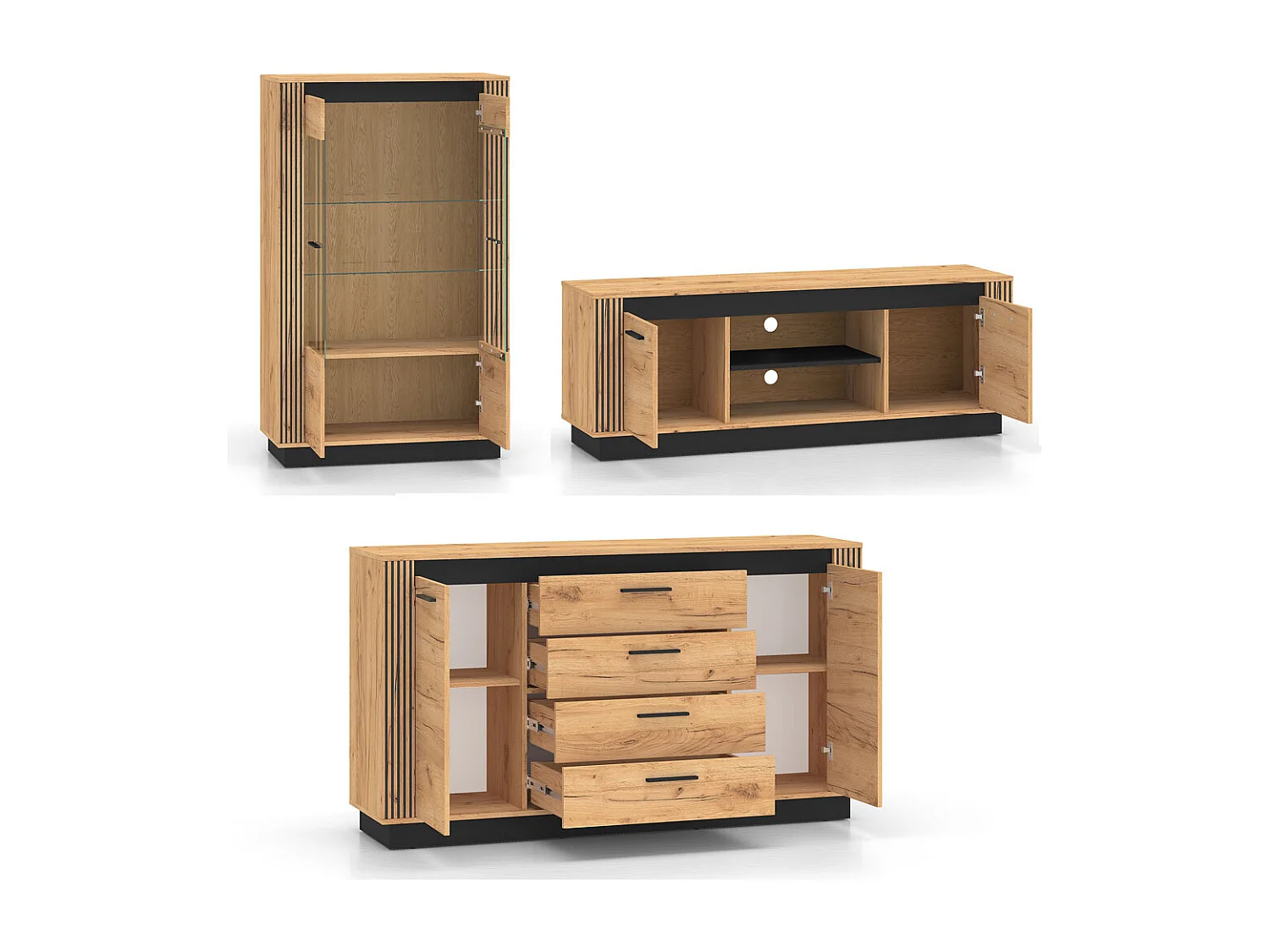 WOHNZIMMER-SET Urso 3-teilig Gold Craft Eiche / Schwarz