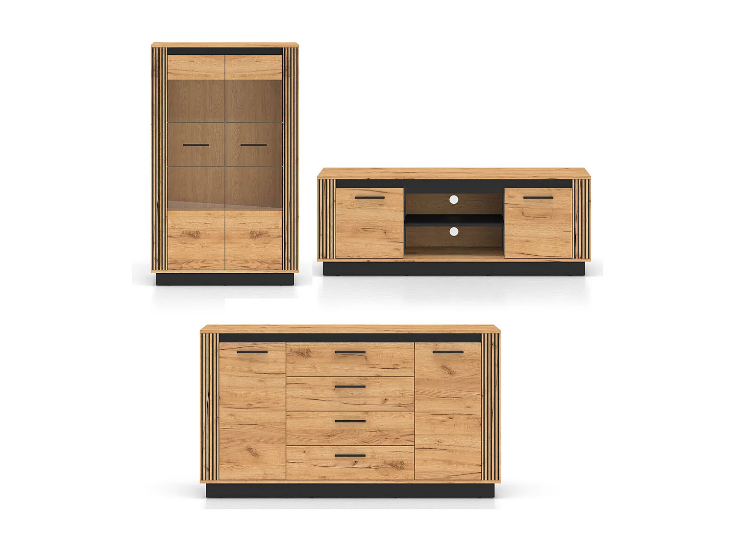 WOHNZIMMER-SET Urso 3-teilig Gold Craft Eiche / Schwarz