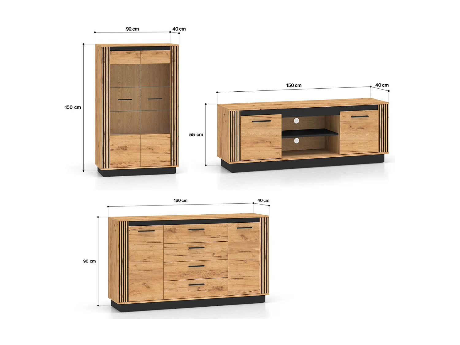 WOHNZIMMER-SET Urso 3-teilig Gold Craft Eiche / Schwarz