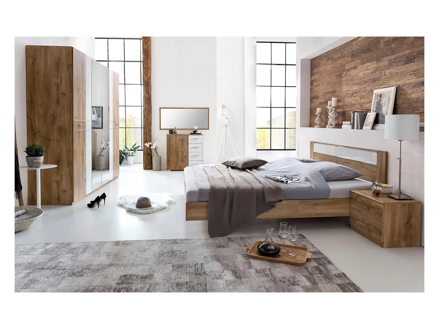 SCHLAFZIMMER SET 4-teilig Plankeneiche / Weißglas 498 / 210  / 210cm