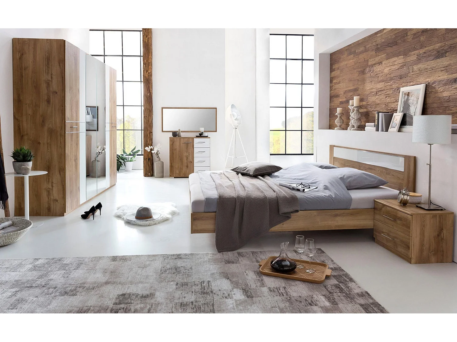 SCHLAFZIMMER SET 4-teilig Plankeneiche / Weißglas 498 / 210  / 210cm