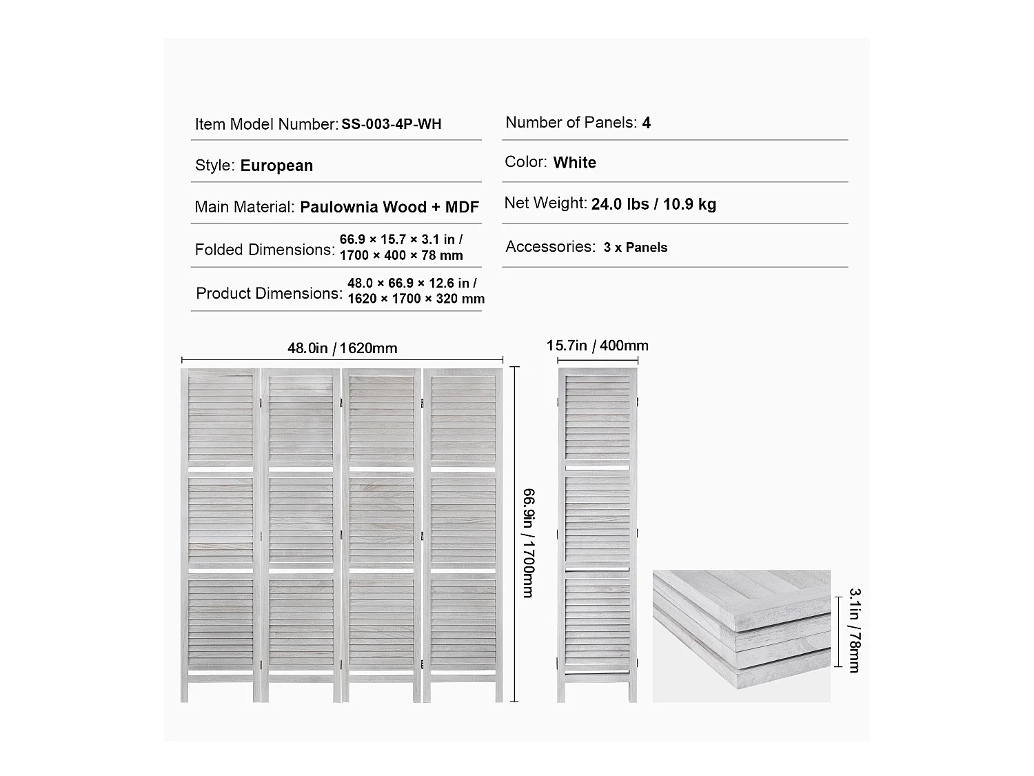 Cloison de Séparation, SucceBuy Cloison de Séparation en Bois, 4 Panneaux pour Séparation de Pièce, Cloison de Séparation à Persiennes de 170 cm de Hauteur