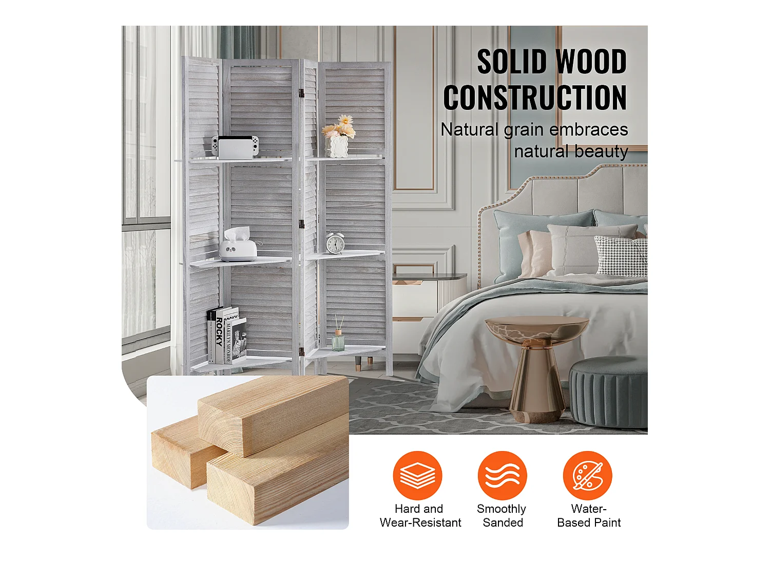 Cloison de Séparation, SucceBuy Cloison de Séparation en Bois, 4 Panneaux pour Séparation de Pièce, Cloison de Séparation à Persiennes de 170 cm de Hauteur