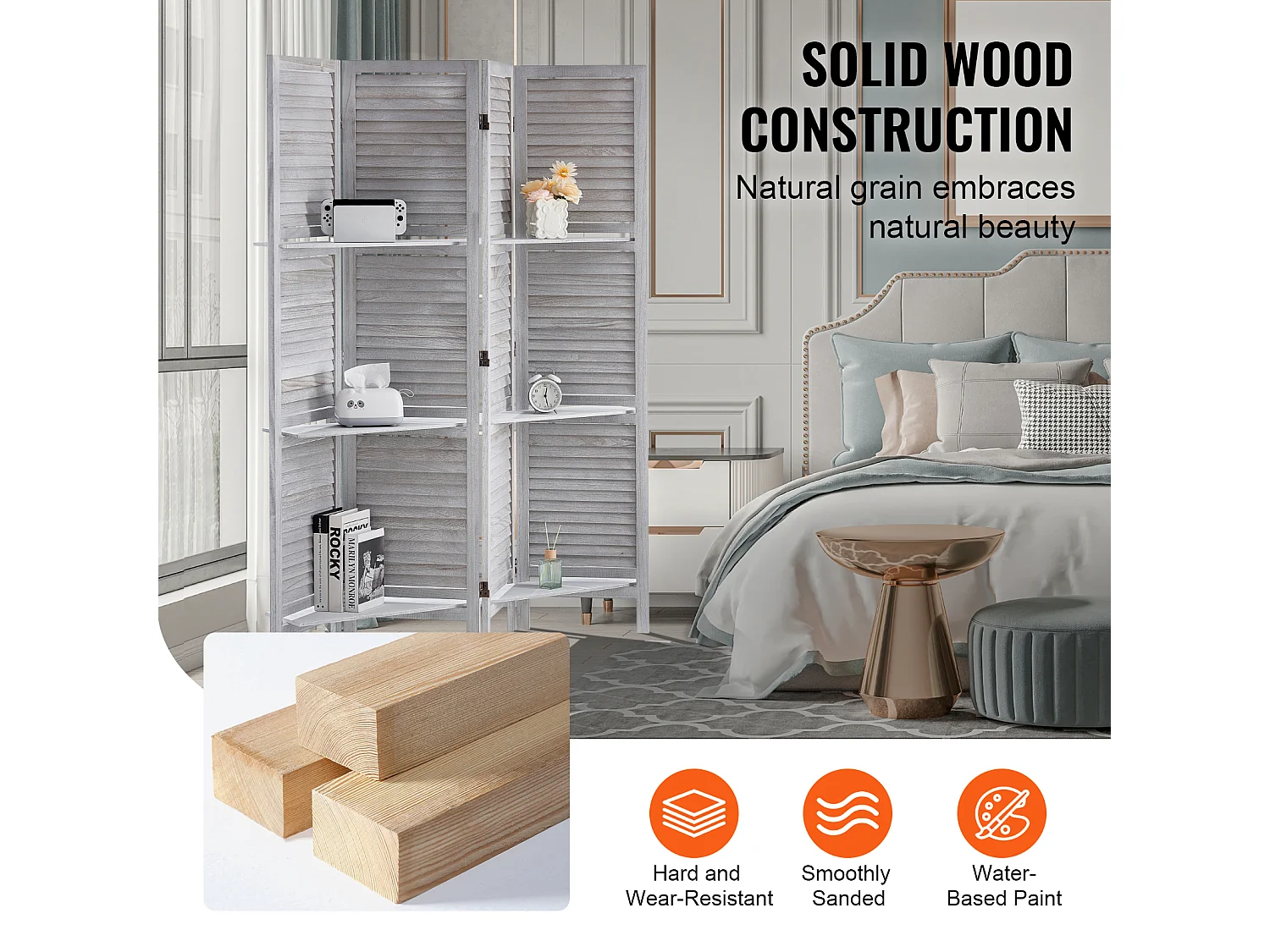 Cloison de Séparation, SucceBuy Cloison de Séparation en Bois, 4 Panneaux pour Séparation de Pièce, Cloison de Séparation à Persiennes de 170 cm de Hauteur