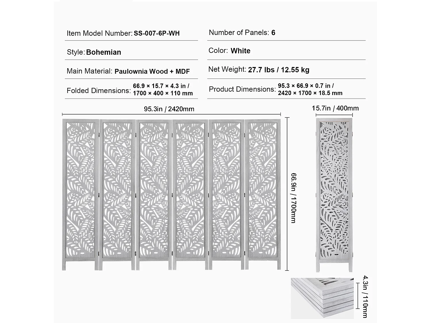 Biombo SucceBuy de 6 Paneles de Madera para Separar el Hogar, la Oficina y el Dormitorio