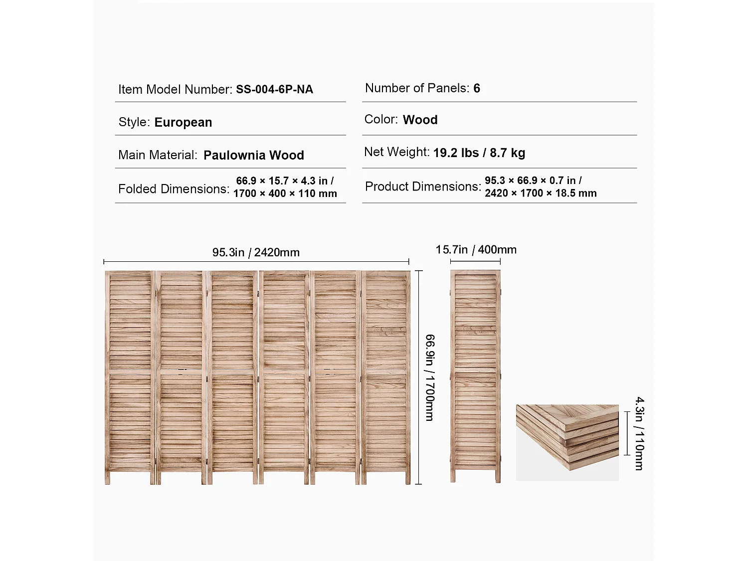 Cloison de Séparation, SucceBuy Cloison de Séparation en Bois à 6 Panneaux, 170 cm de Hauteur, pour la Maison, le Bureau, le Restaurant