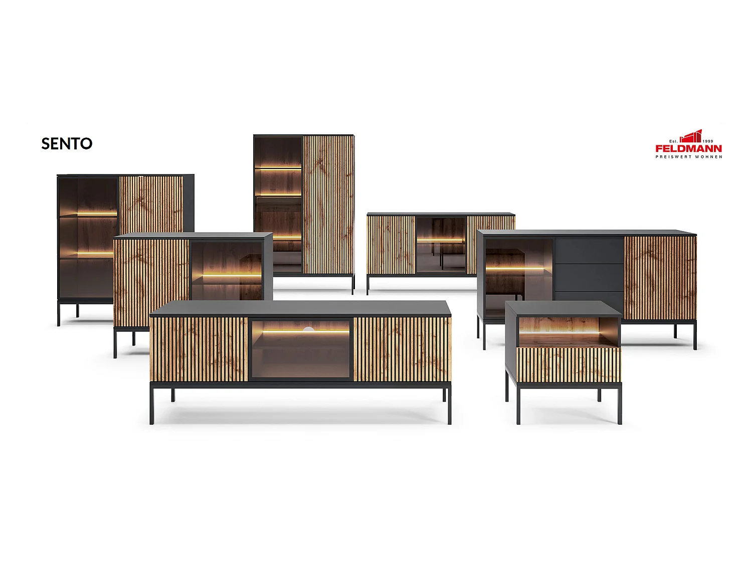 VITRINE Sento schwarz / Wotan Eiche 104 / 39 / 126 cm