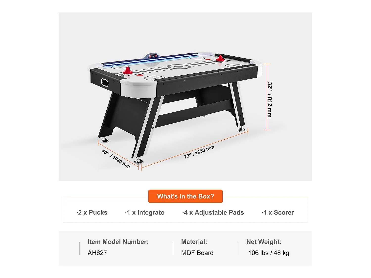 Table de Billard, SucceBuy Table d'Air Hockey 183 cm avec Score LED, Palets et Poussoirs Inclus
