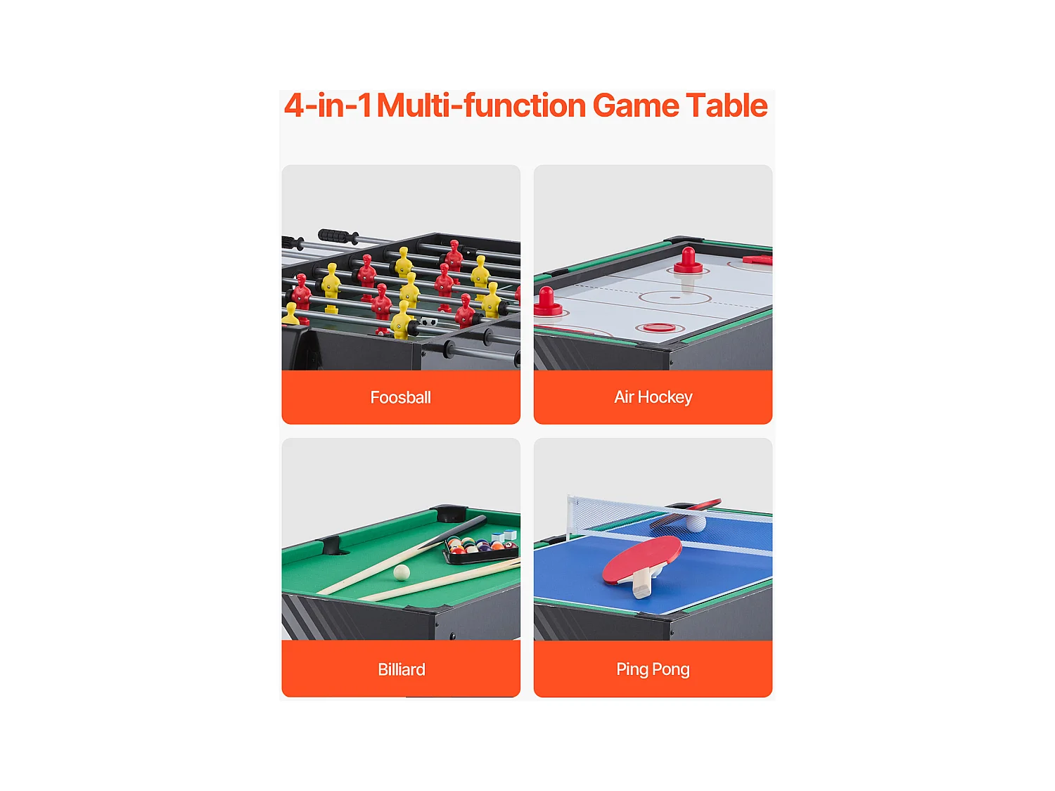 Table de Air Hockey, SucceBuy Table de Jeu Combinée 4 en 1 122 cm, Air Hockey, Baby-foot, Ping-pong, Billard