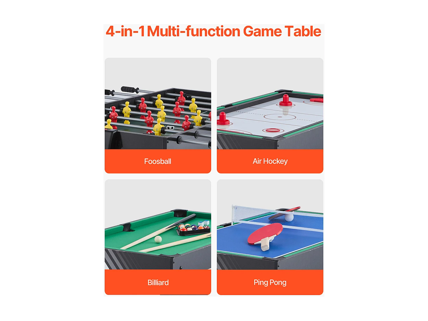 Table de Air Hockey, SucceBuy Table de Jeu Combinée 4 en 1 122 cm, Air Hockey, Baby-foot, Ping-pong, Billard