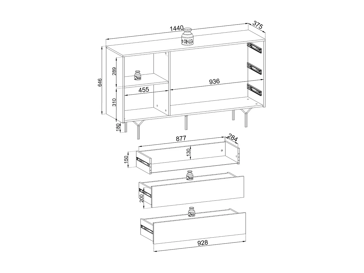 KOMMODE Raven schwarz 144 / 38 / 83cm