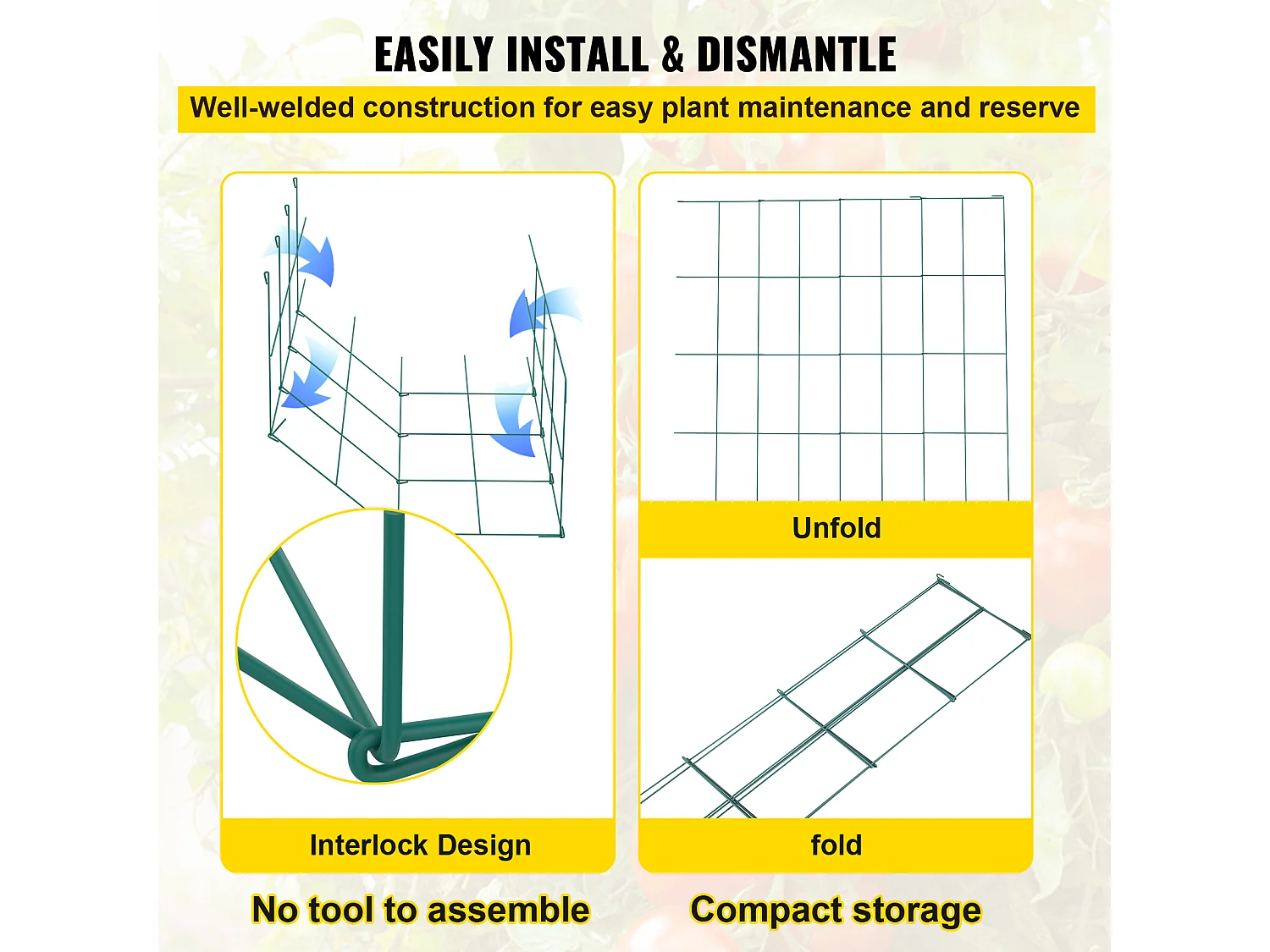 Cages à Tomates SucceBuy Lot de 10 Cages à Tomates, Support Carré en Acier de 116cm pour Plantes de Jardin, Vert
