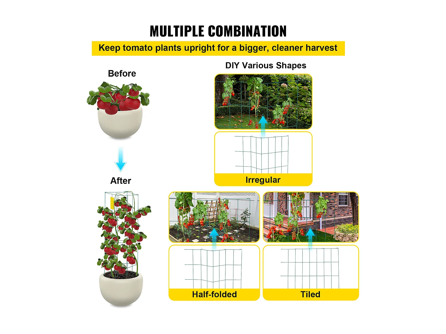 Cages à Tomates SucceBuy Lot de 10 Cages à Tomates, Support Carré en Acier de 116cm pour Plantes de Jardin, Vert