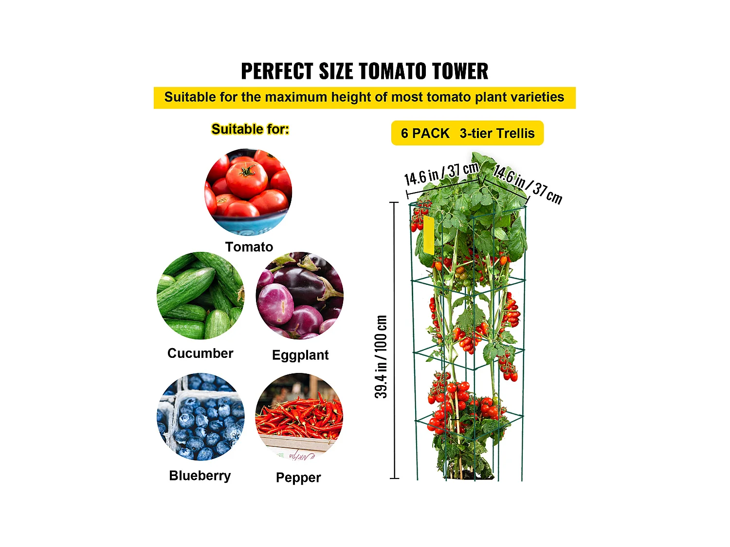 Cages à Tomates SucceBuy Lot de 6 Cages à Tomates, Support Carré en Acier de 100cm pour Plantes de Jardin, Vert