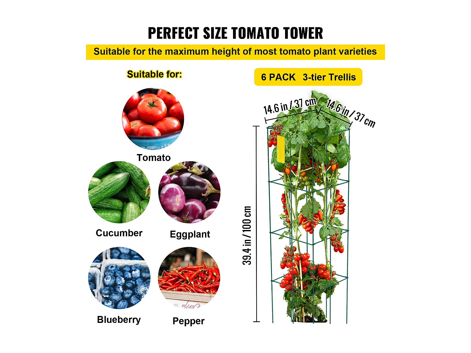 Cages à Tomates SucceBuy Lot de 6 Cages à Tomates, Support Carré en Acier de 100cm pour Plantes de Jardin, Vert