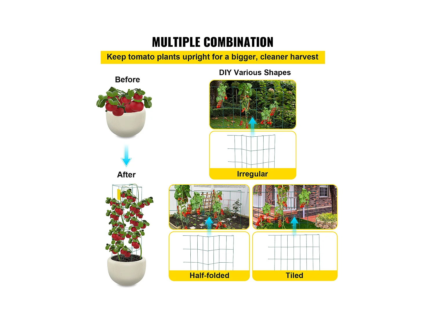 Cages à Tomates SucceBuy Lot de 6 Cages à Tomates, Support Carré en Acier de 100cm pour Plantes de Jardin, Vert