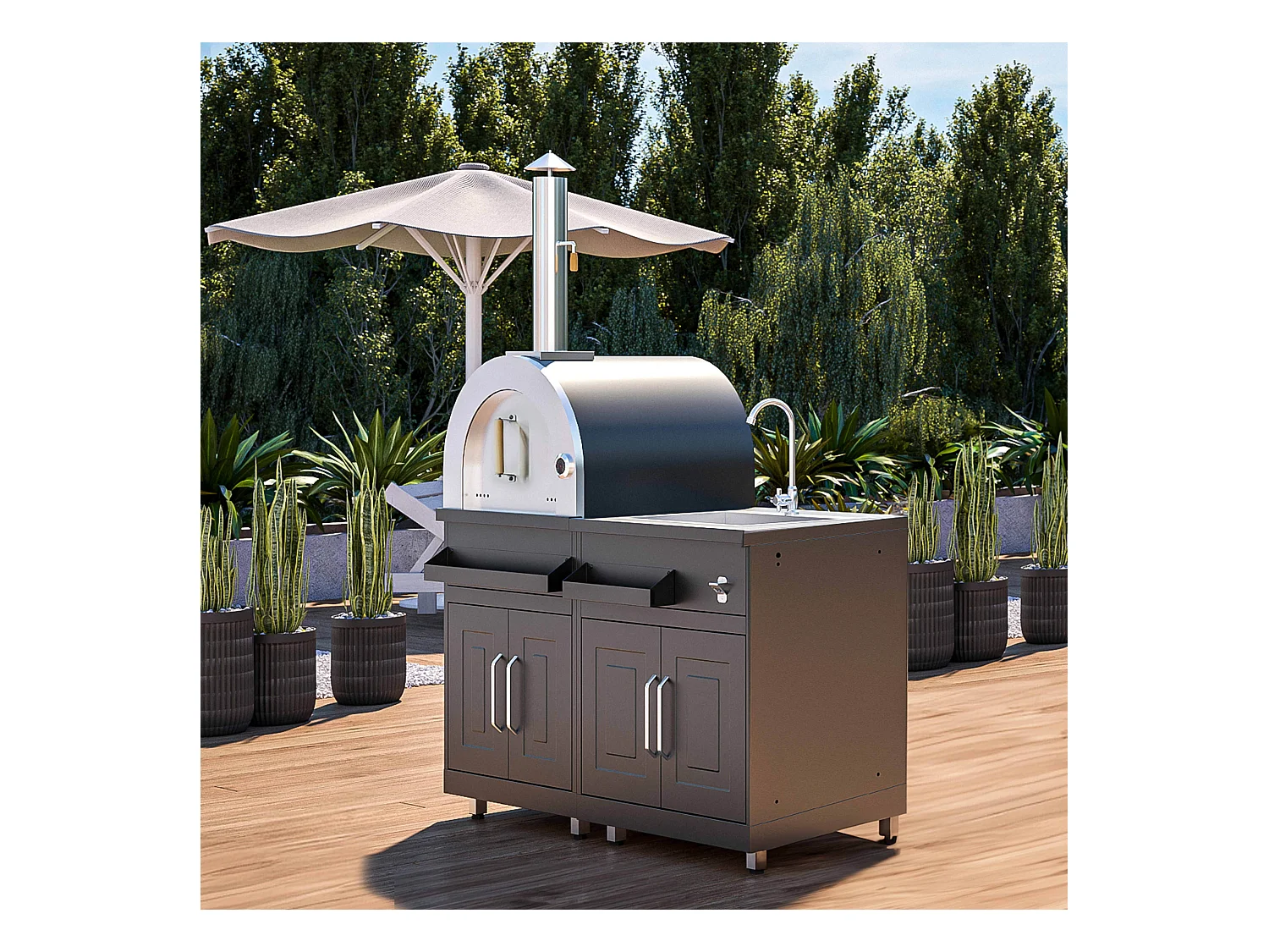Cuisine extérieure en métal avec 2 modules évier et four à pizza